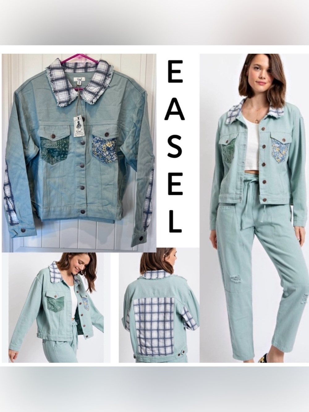 Easel Sage Blue Plaid washed twill Jacket Sz Medium NWT